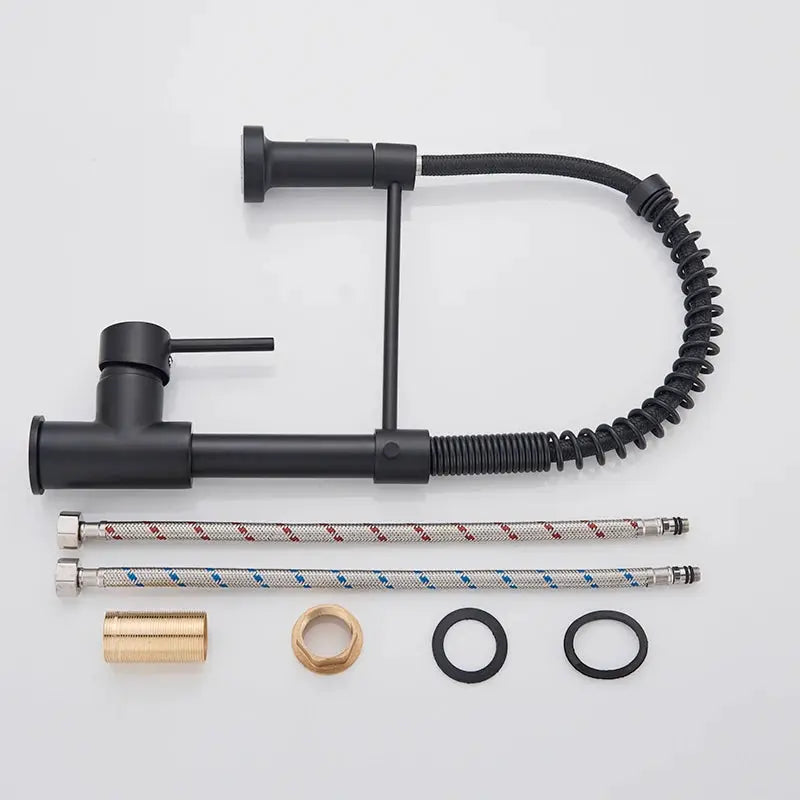 Rozin matte black deck-mounted kitchen faucet with pull-down sprayer, 360° rotation; two braided hoses and fittings.