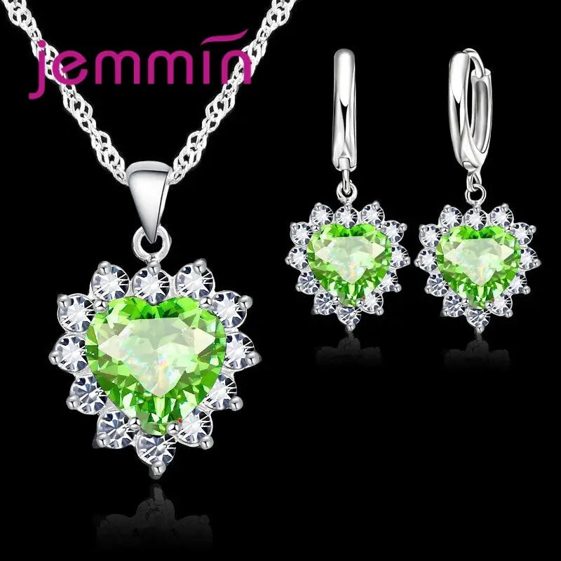 Yaameli 925 Silver Heart Pendant Necklace And Hoop Earrings Jewelry Set For Women Engagement Anniversary Gift