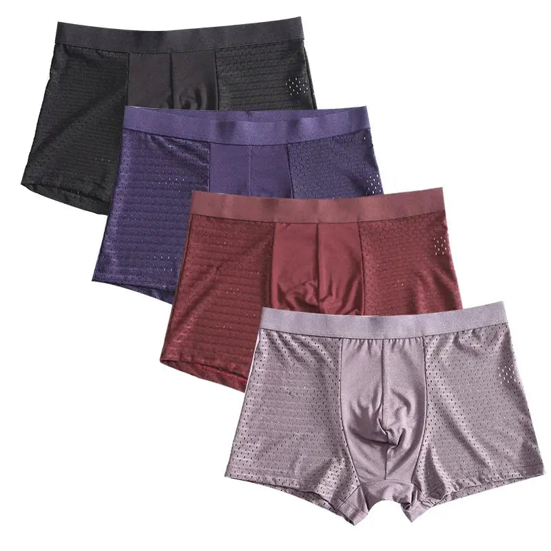 Men's bamboo fiber boxer underwear set of 4 in black, purple, burgundy, and gray