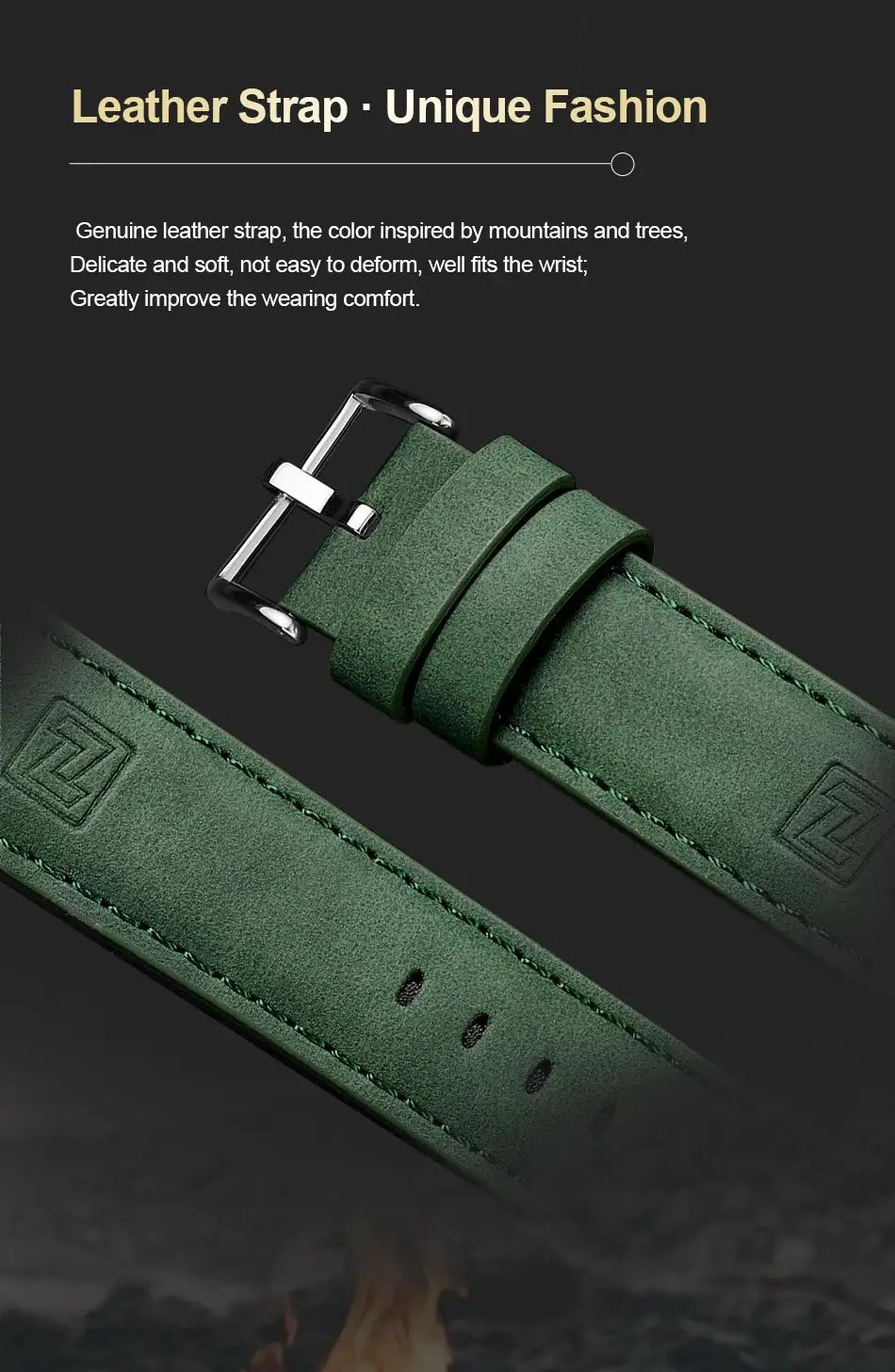 Green leather watch strap with stitched edges, embossed square logo, and metal buckle.