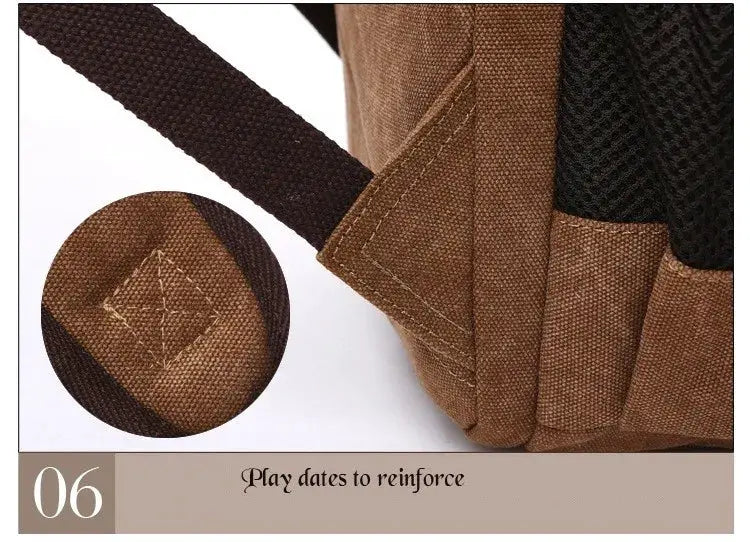 Vintage canvas backpack by Simples Market, brown fabric with reinforced stitching and sturdy straps.