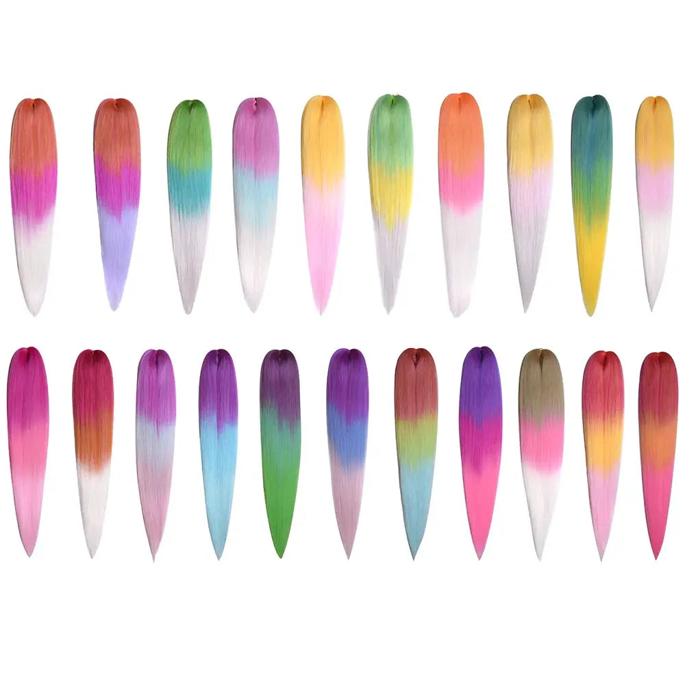 Miss Rola Kanekalon jumbo hair braids in rainbow gradients; 30in, pre-stretched, yaki straight bulk pack