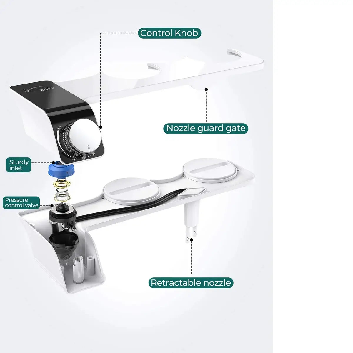 Simples Market white bidet seat attachment, non-electric with self-cleaning dual nozzles and retractable nozzle.