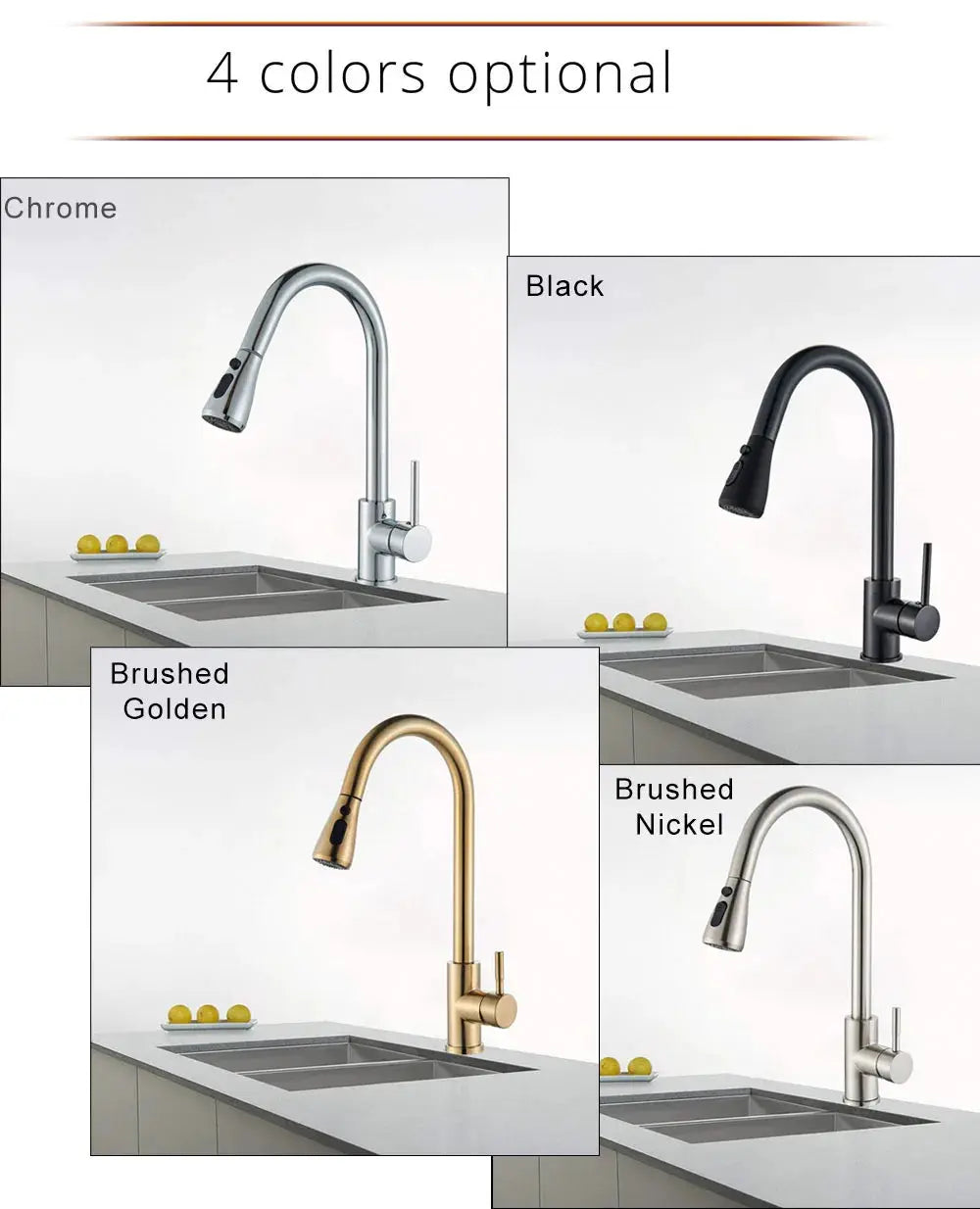 Kitchen faucet with pull-out nozzle by Simples Market; 4 color options: chrome, black, brushed golden, brushed nickel.
