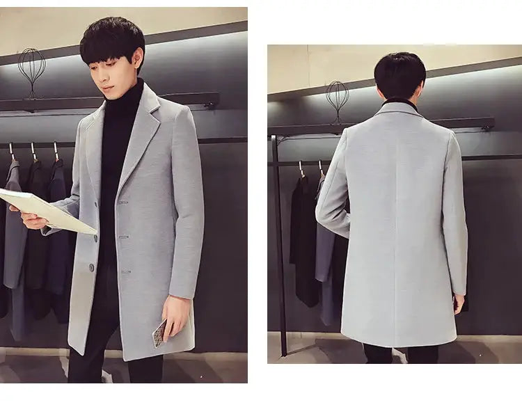 Men's light gray wool-blend long coat, front and back views, worn over a black turtleneck.