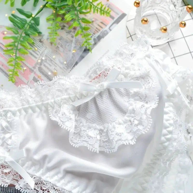 Panties Milk Silk white lace with satin bow and ruffled trim