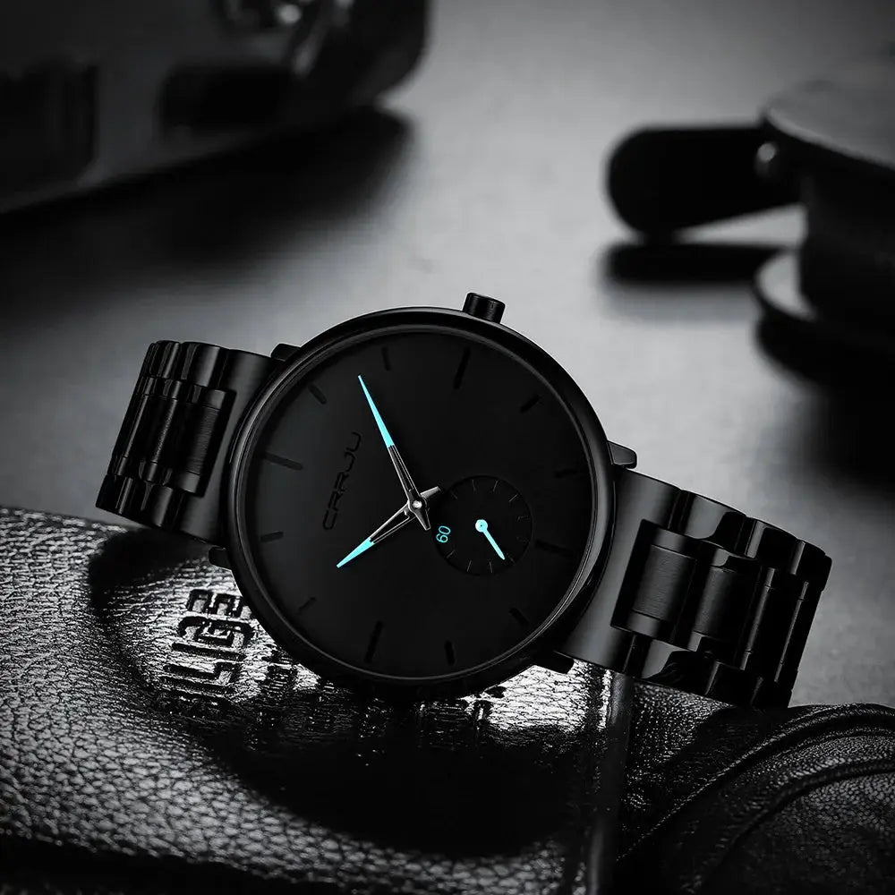CRRJU men's black stainless steel wristwatch with blue hands and minimalist dial