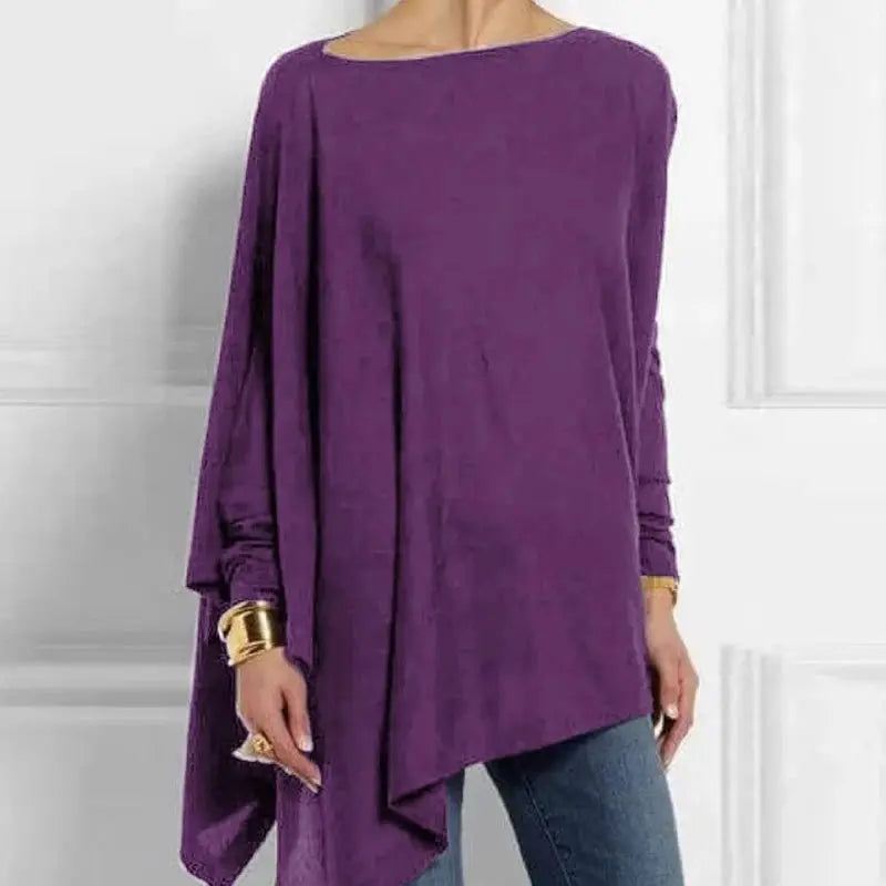 Women’s cotton irregular blouse, purple O-neck long-sleeve pullover with asymmetrical hem