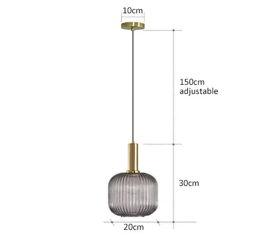 Retro glass pendant light by Simples Market with ribbed gray shade and brass fittings, E27, adjustable 150 cm cord