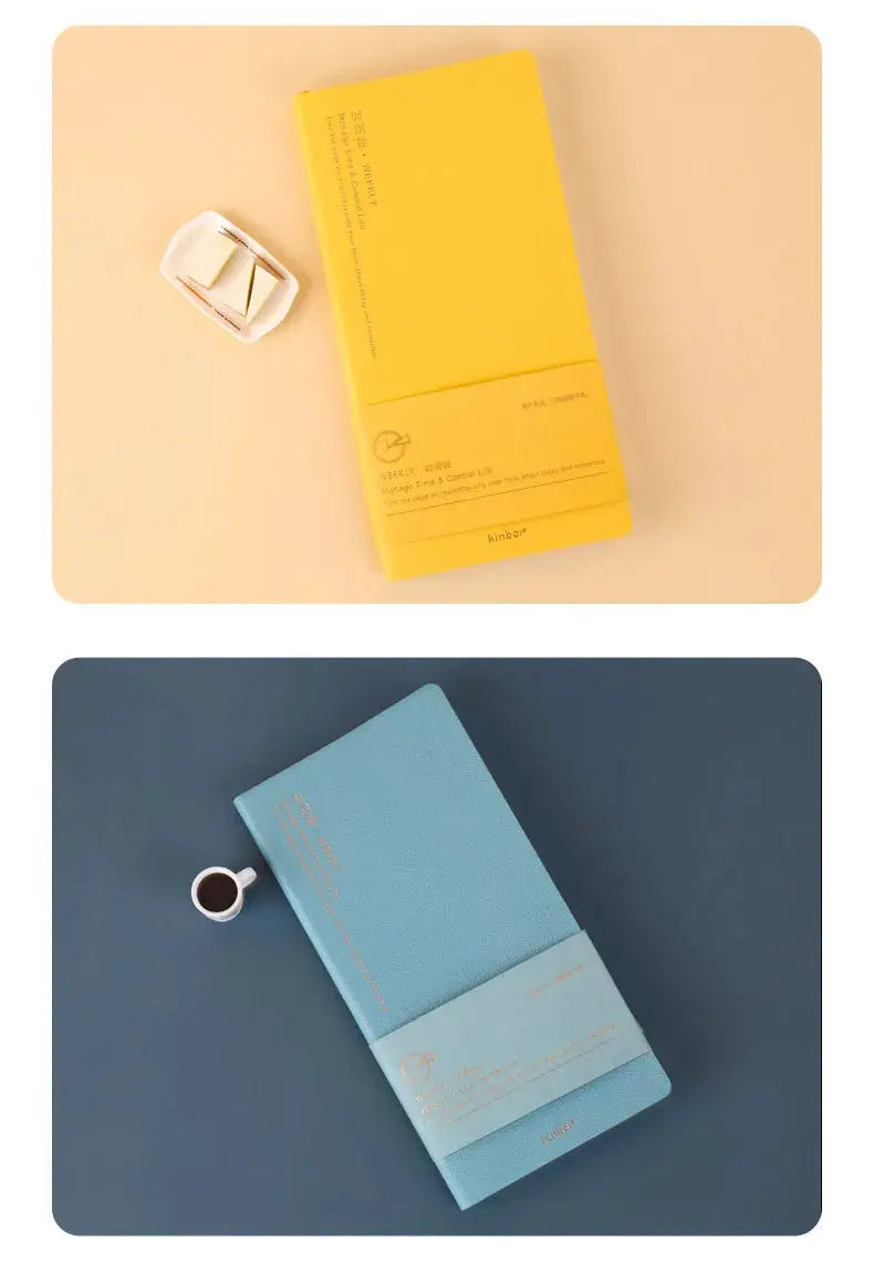 Kinbor weekly planner notebooks, two in yellow and blue, undated agenda layout
