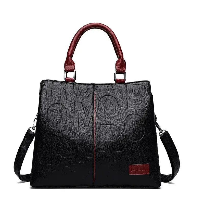 Simples Market PU leather crossbody tote bag for women, black with red handles, embossed pattern, large capacity.