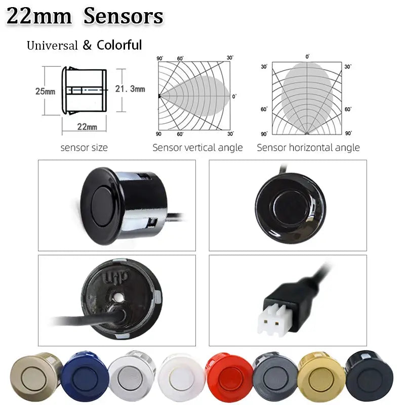 Hippcron 4-sensor car parking sensor kit, 22mm probes, 12V, black with wiring connector; color swatches shown
