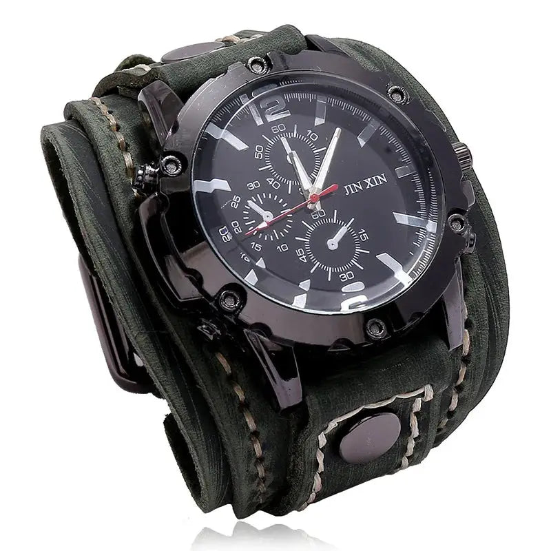 Rogue Punk Style Mens Quartz Watch With Wide Genuine Cowhide Leather Strap And Luminous Dial