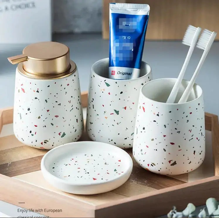 Terrazzo ceramic bathroom set (4 items) by Simples Market; emulsion bottle, gargle cup, toothbrush cup, and soap dish.