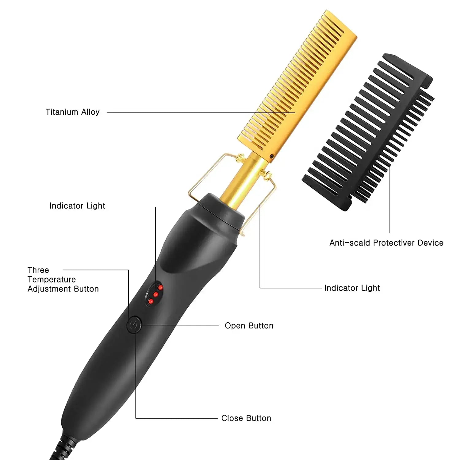 2-in-1 hot comb hair straightener by Simples Market, gold titanium alloy heated comb with black anti-scald protector