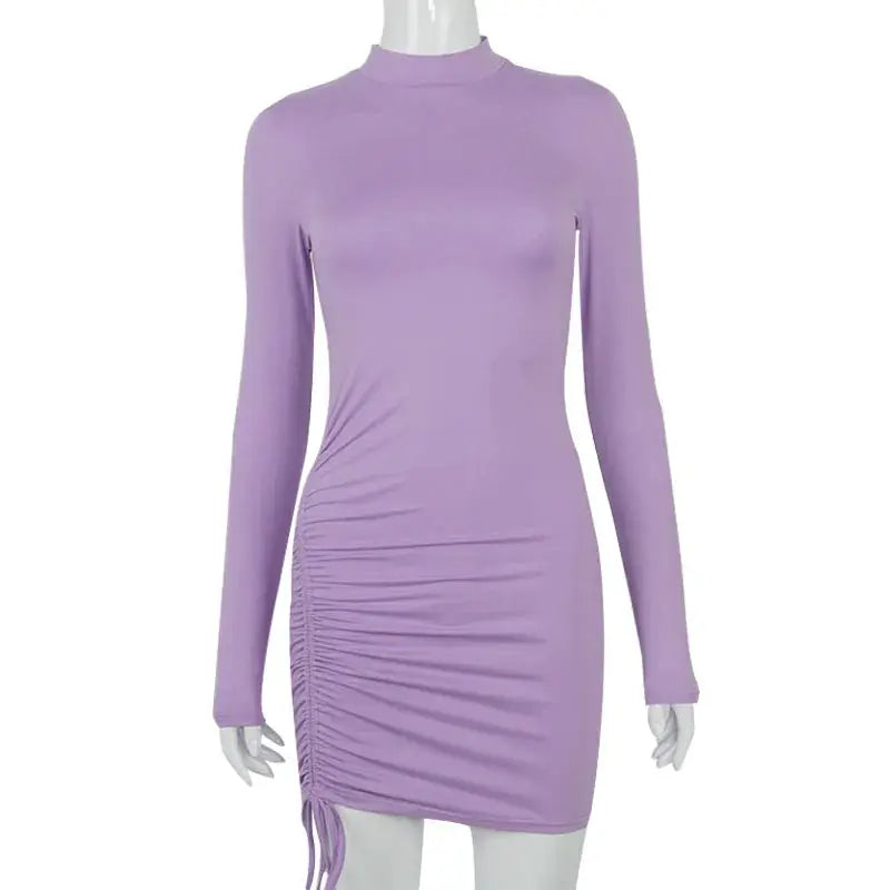 Long Sleeve Ruched Bodycon Dress For Women Turtleneck Black Bandage