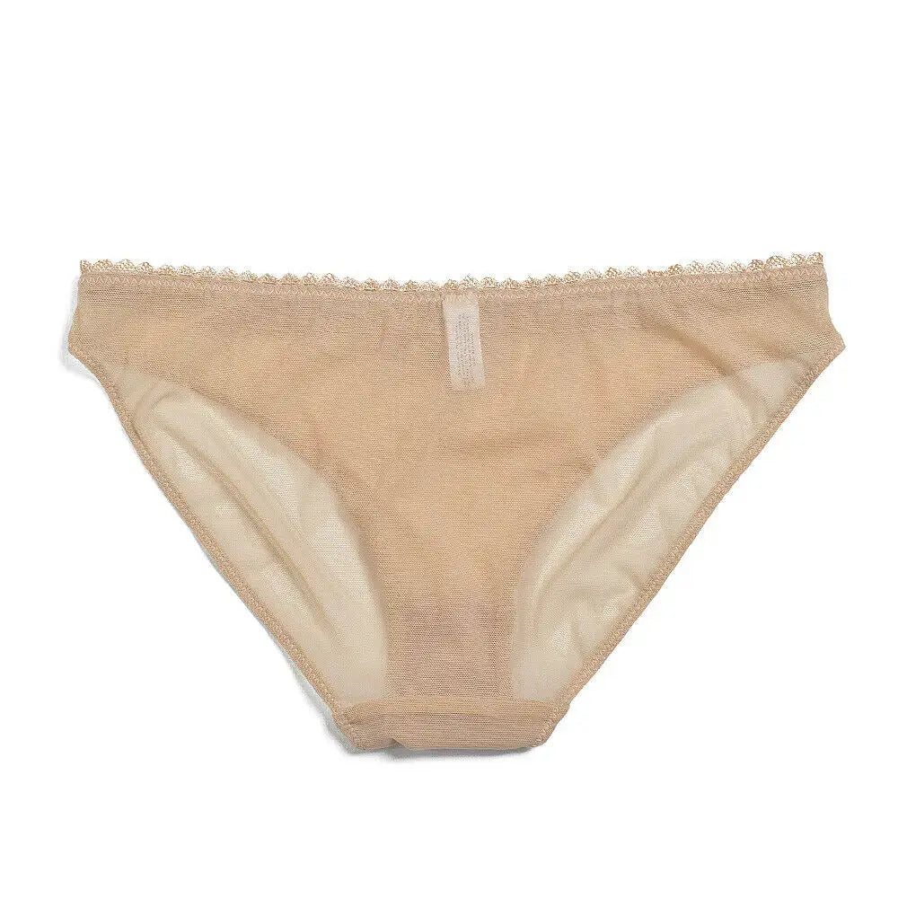Beige mesh lace-trim bikini panties, see-through unlined women's underwear.