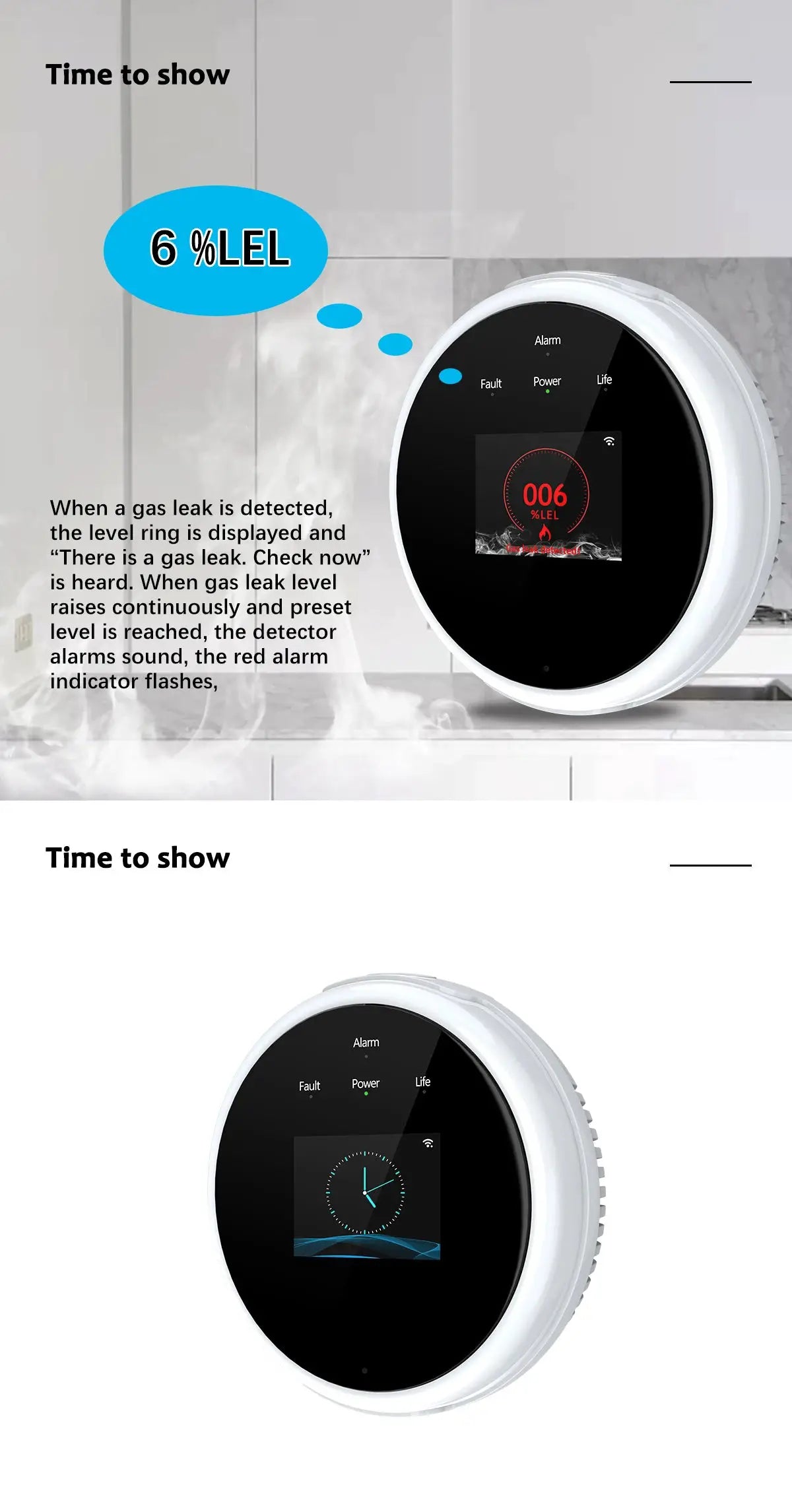 Tuya WiFi gas detector by Simples Market, round white device with black LED display showing 6% LEL and app control icons