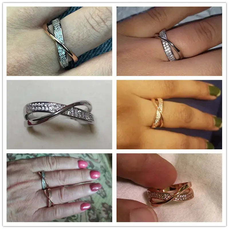 Huitan Two Tone X Shape Cross Ring For Women Wedding Jewelry Dazzling CZ Stone Large Modern Ring Fashion Accessory