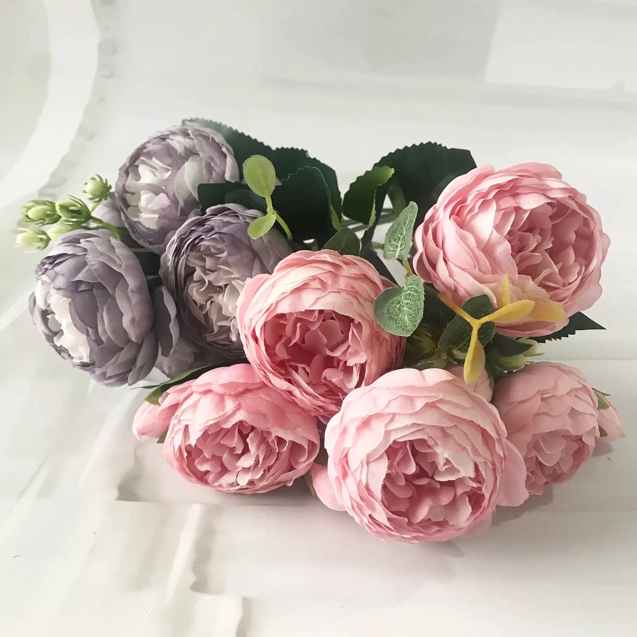 Silk peony bouquet, 30cm artificial flowers in rose pink and lavender with 5 large heads and 4 buds