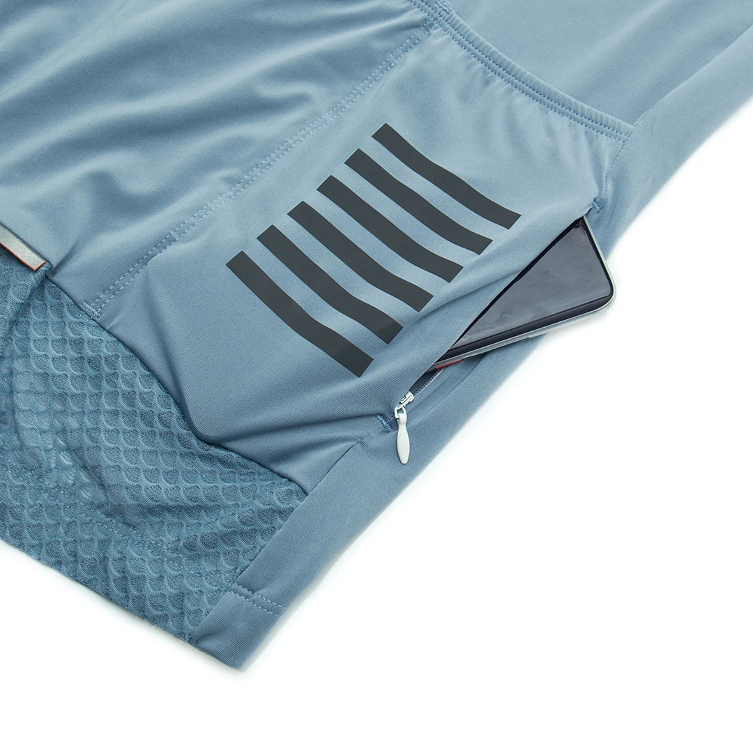 YKYWBIKE cycling jersey set in blue-gray with reflective stripes and phone pocket