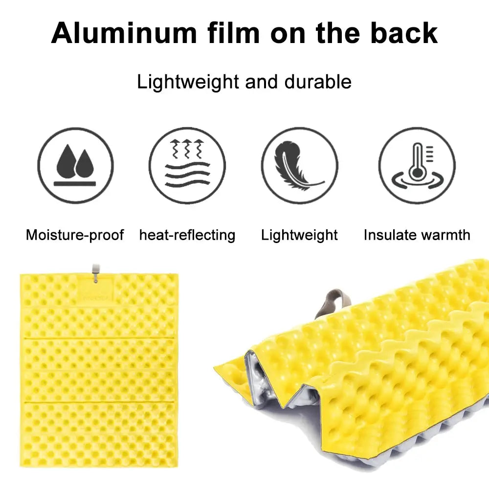 Widesea outdoor foldable camping mat in yellow; ultralight XPE foam sitting cushion, waterproof and portable.