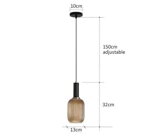 Retro glass pendant light with amber ribbed shade and adjustable 150 cm cord