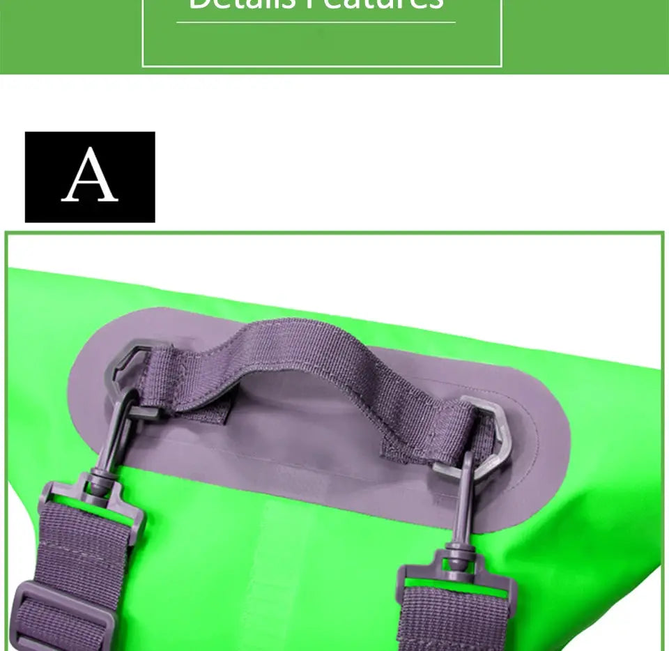 PVC waterproof dry bag by Simples Market in neon green with purple adjustable dual-shoulder straps
