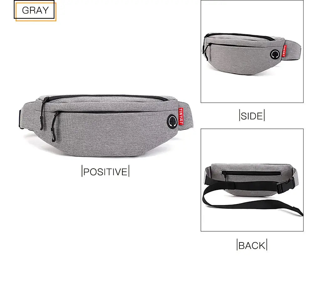 TINYAT gray fabric waist bag with zip pockets and an adjustable belt strap
