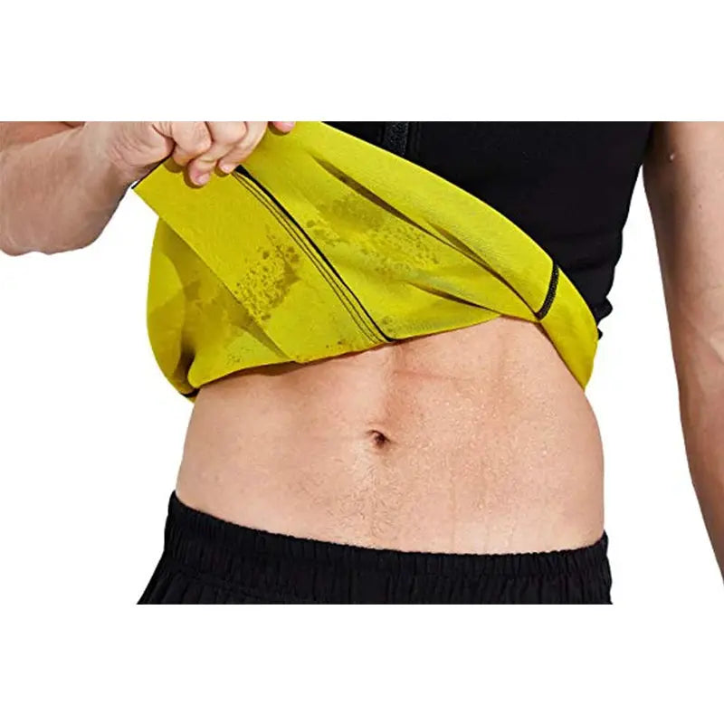 Men's waist trainer body shaper worn during workout; bold neon yellow top is lifted to reveal torso
