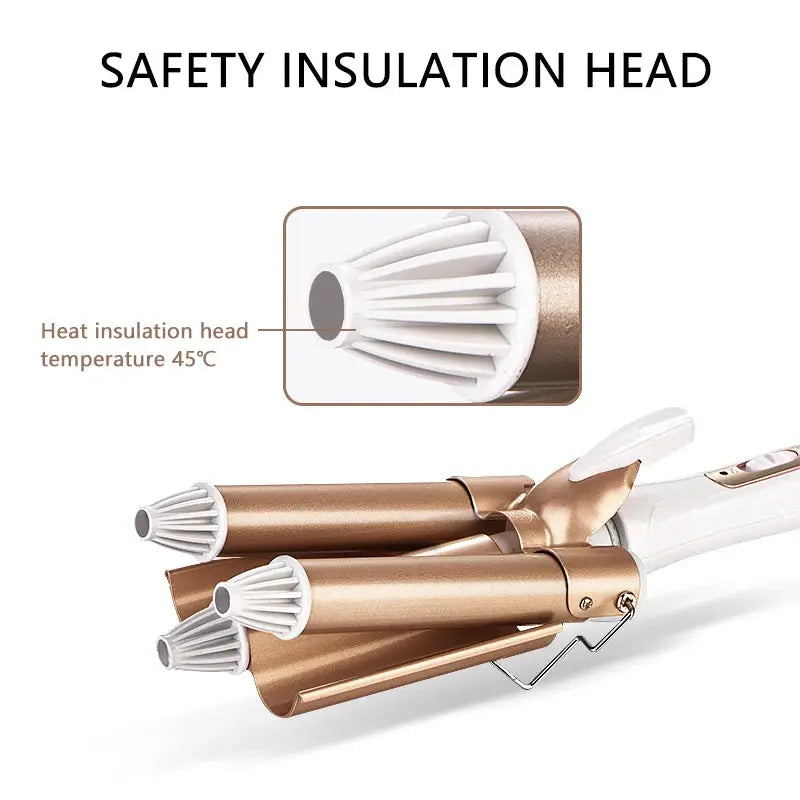 Simples Market professional hair curler triple-barrel waver in rose gold with white handle.