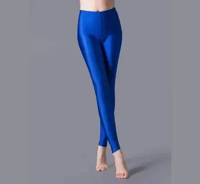 Simples Market women's shiny pant leggings in fluorescent blue, full-length spandex