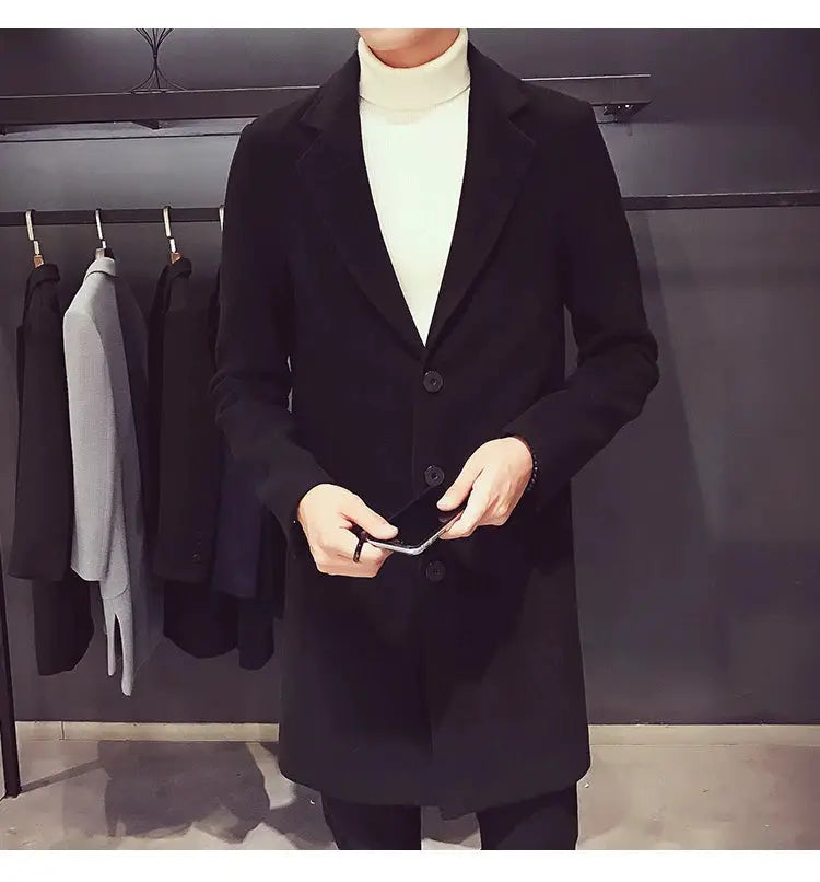 Men's black wool-blend long coat, slim fit, button-front casual business style