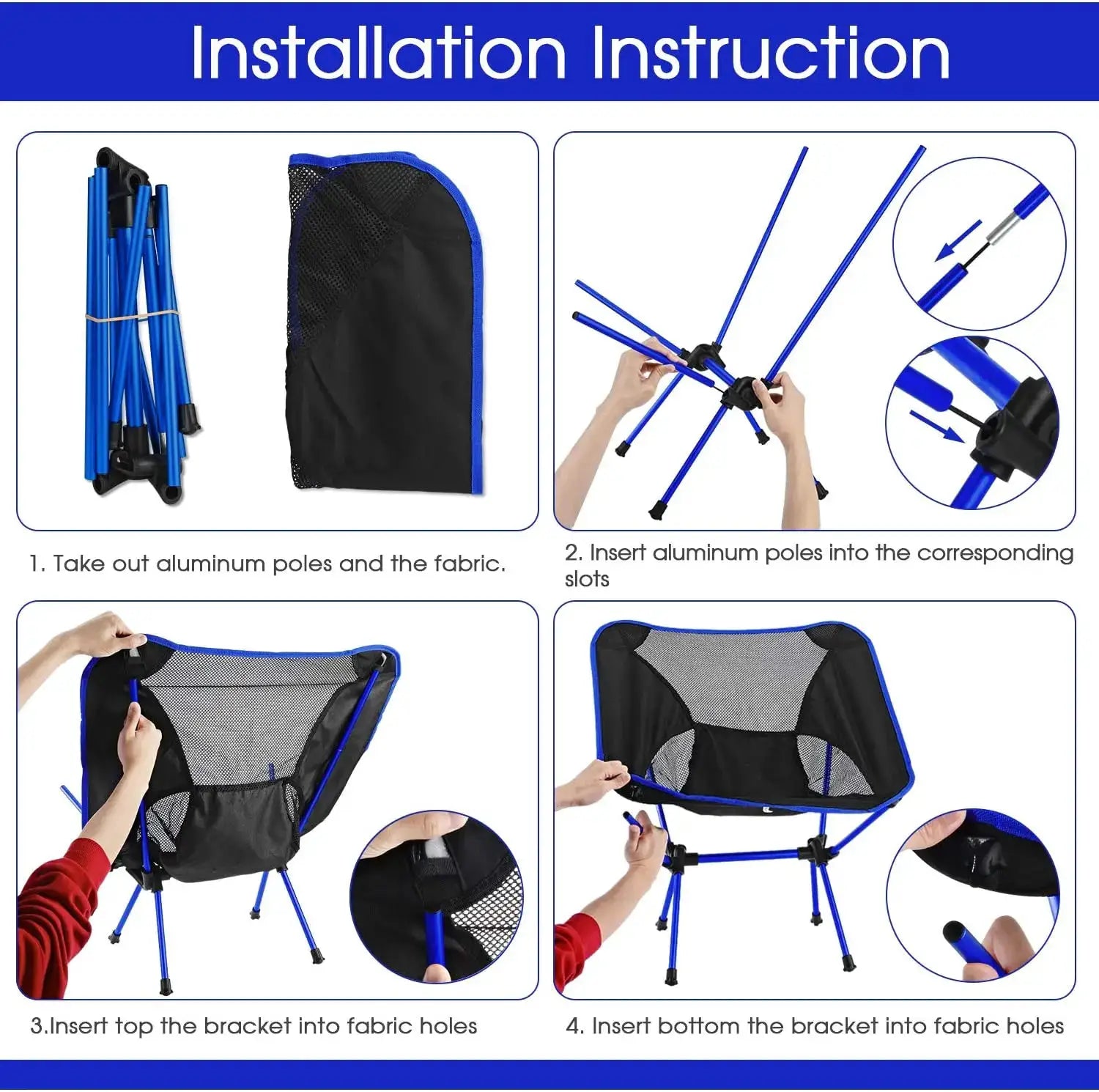 Simples Market ultralight folding chair with blue aluminum poles, black fabric seat and carrying bag.