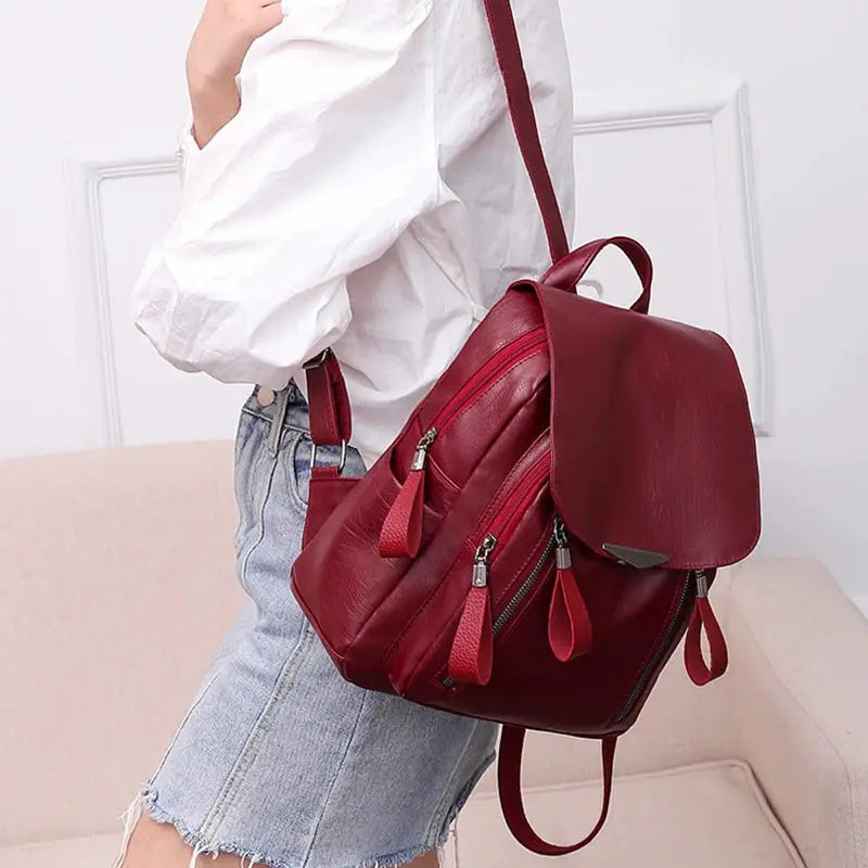 Yogodlns Luxury PU Leather Backpack for Women, burgundy with double zippers and multiple pockets