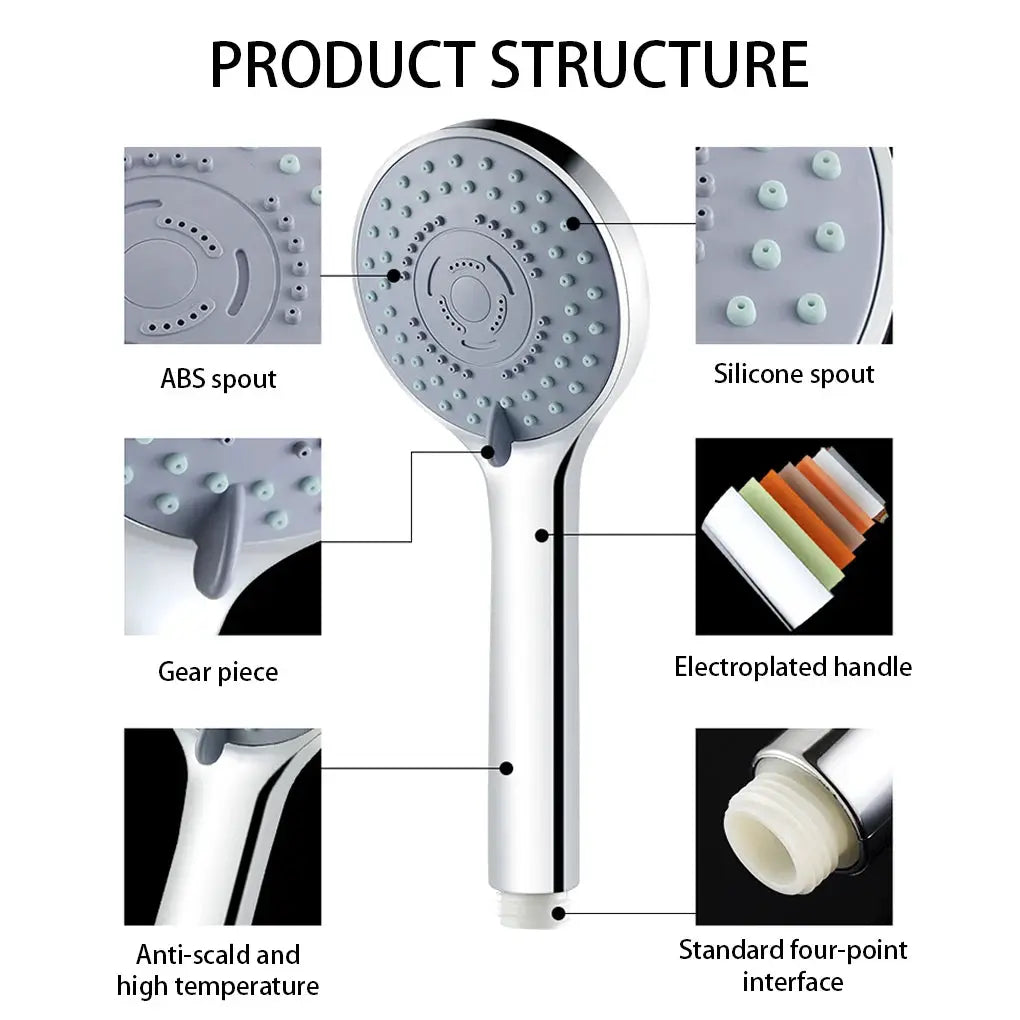 Simples Market bathroom handheld shower head with 5 modes, silver electroplated handle, ABS and silicone nozzles