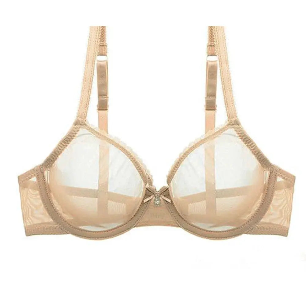 Nude lace mesh bra with sheer cups and center bow detail