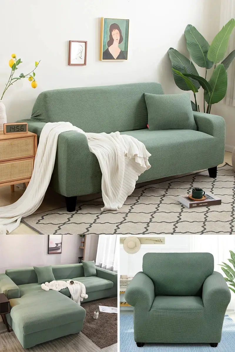 Thick green jacquard sofa cover set for L-shaped living room sofa and armchair
