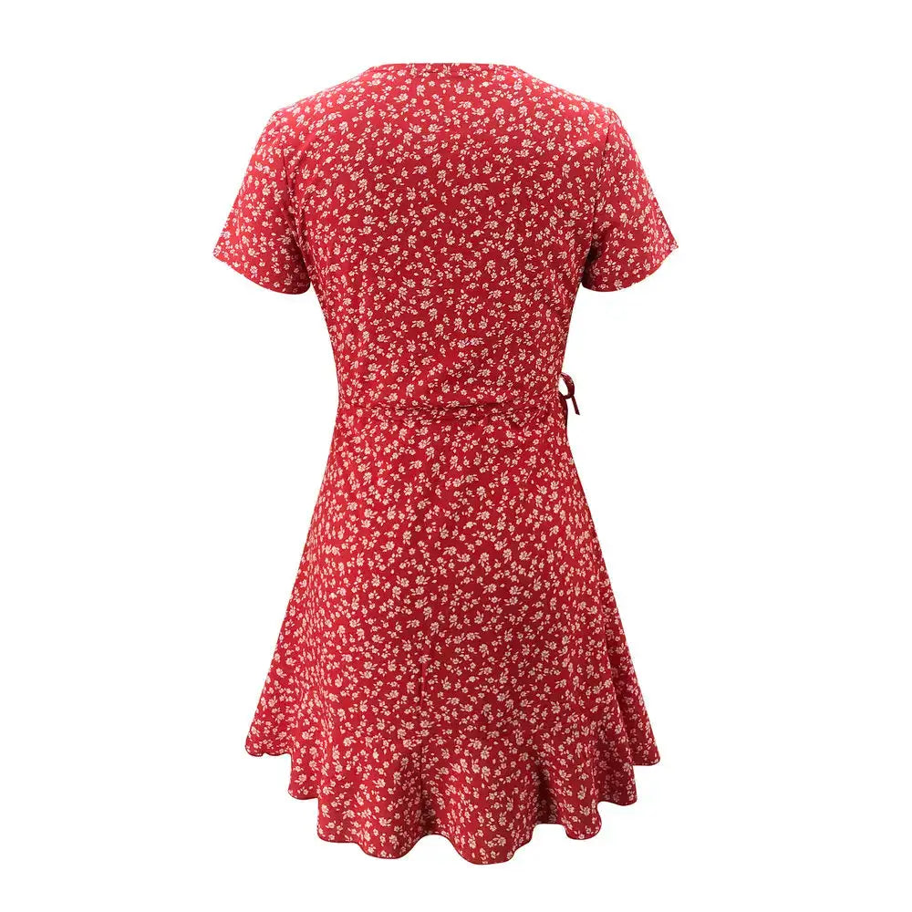 Summer Floral A Line Dress For Women V Neck Ruffles Mini Dress