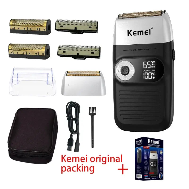 Kemei electric shaver for men with 4 replaceable heads, charging dock, USB cable, storage pouch
