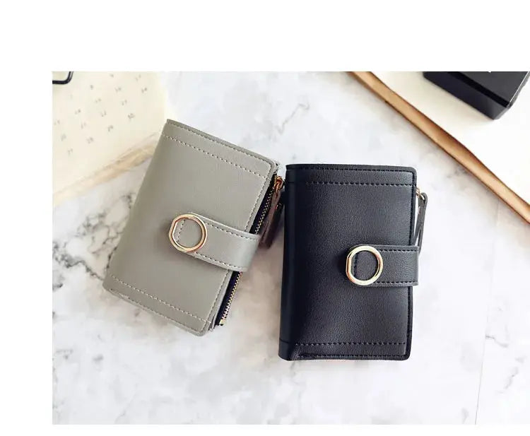 Women’s PU leather zipper wallet by Simples Market; gray and black with ring strap, two wallets shown.
