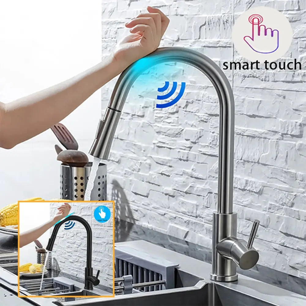 DQOK pull-out kitchen faucet with brushed nickel finish and touch-sensor control