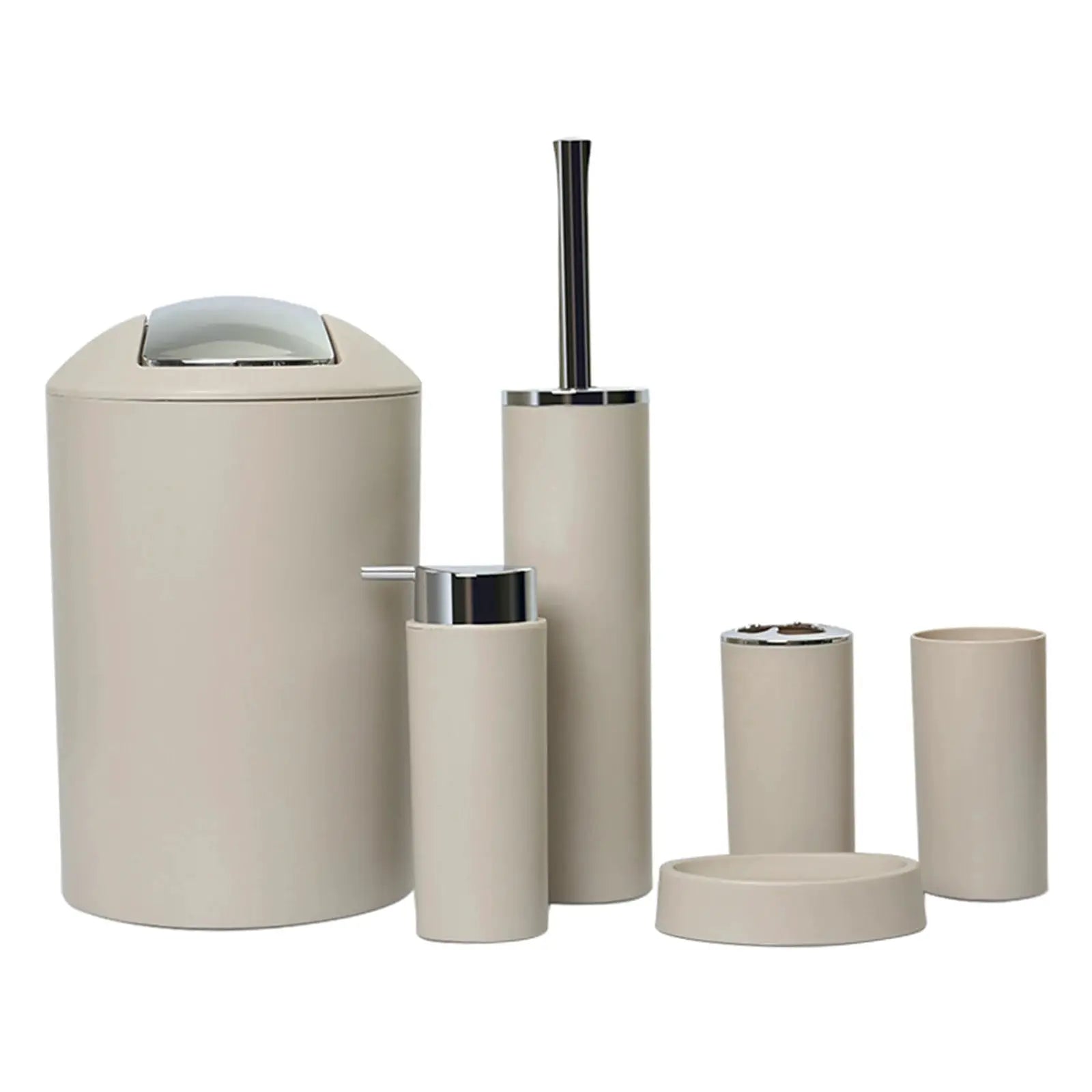 6-piece beige plastic bathroom set with chrome accents: trash can, toilet brush holder, soap dispenser, soap dish