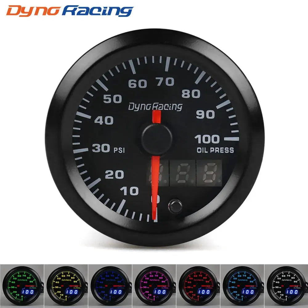 DynoRacing 2in 52mm LED dual-display oil pressure gauge with black dial, red needle and digital readouts
