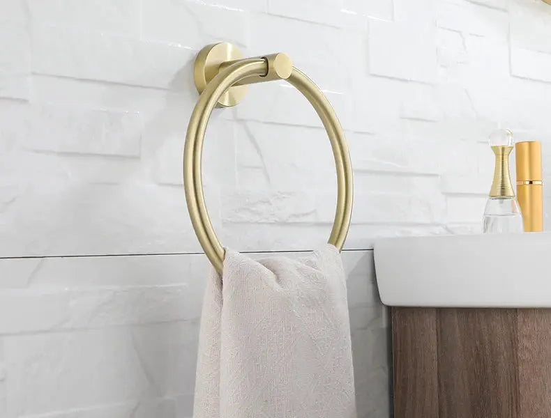 Brushed gold round towel ring wall mount with towel for bathroom hardware set