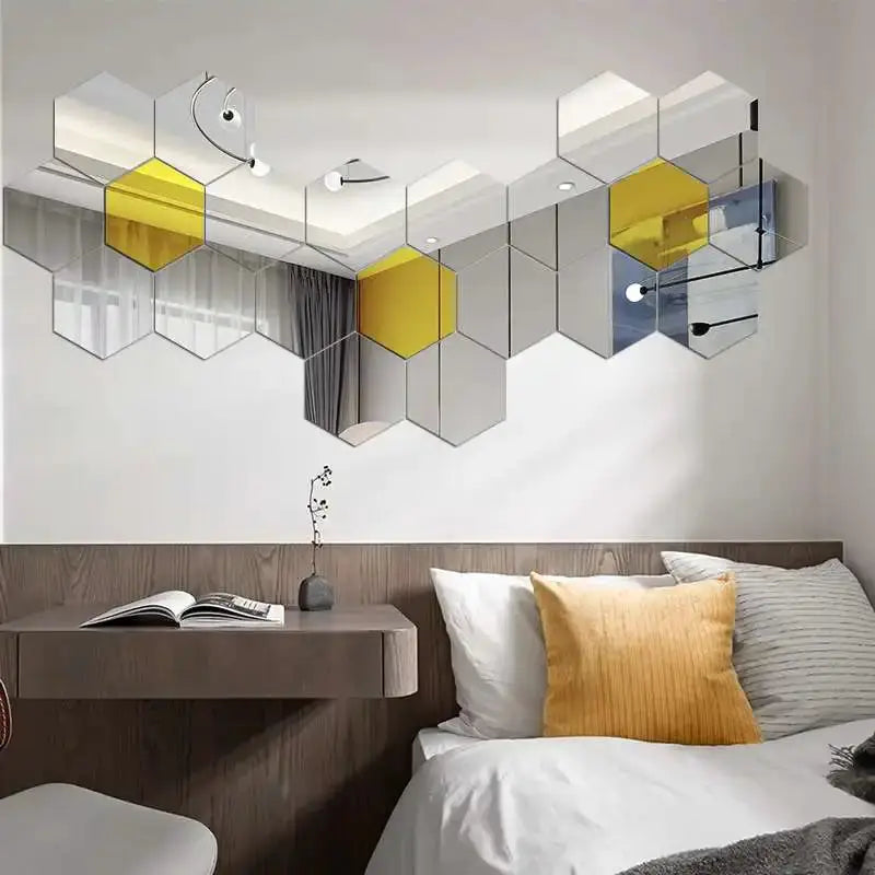 Simples Market 6/12pcs 3D Mirror Hexagon Wall Sticker Set, 126mm each, self-adhesive yellow and clear decor