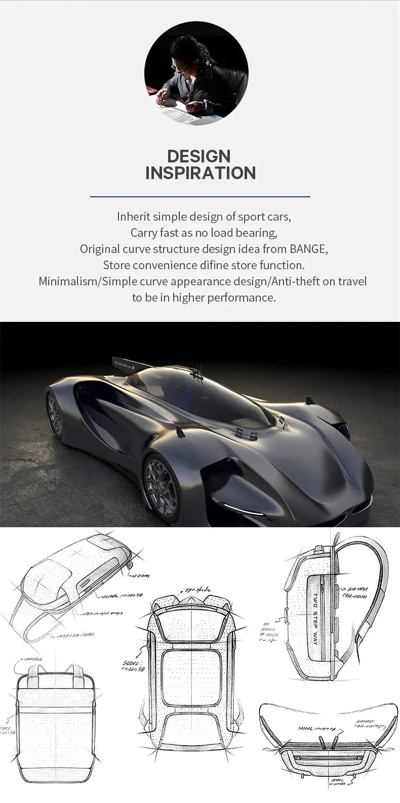 BANGE chest bag design inspiration collage featuring a sleek concept car and technical sketches