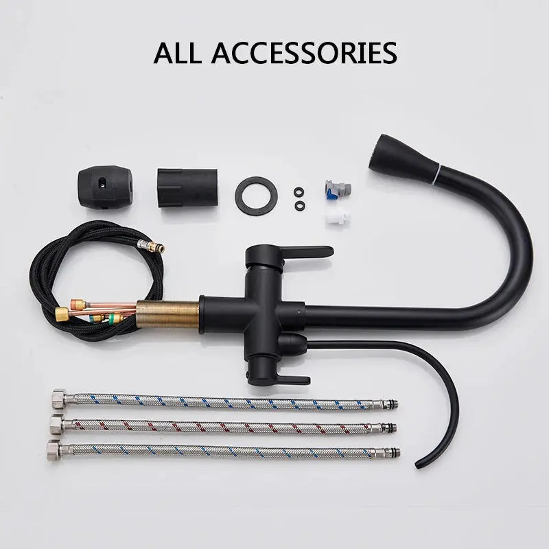 Rozin black pull-out kitchen faucet with water filter tap and hoses, 3-way mixer, by Simples Market