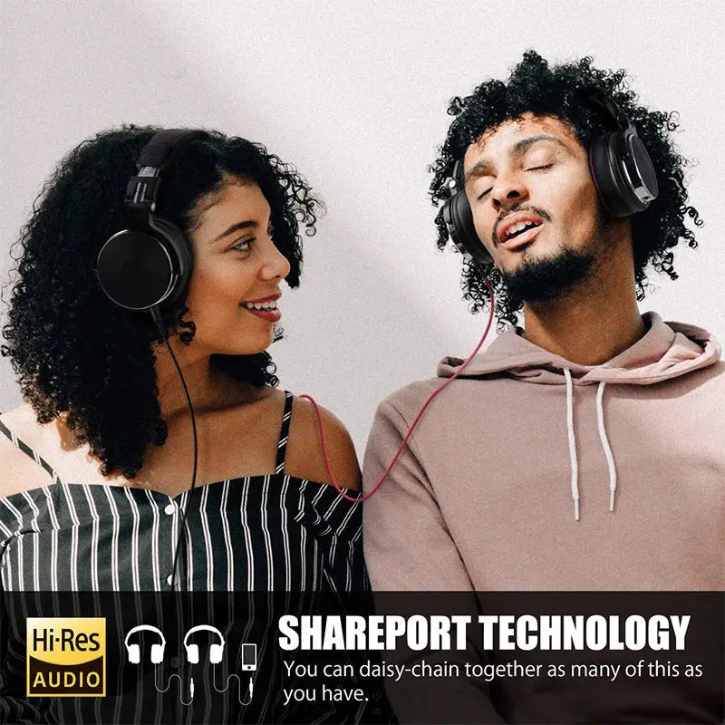 Oneodio wired studio DJ headphones, black over-ear hi-fi headsets worn by two people.