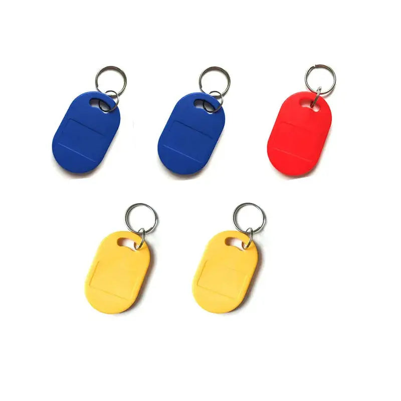 Simples Market rewritable keyfobs, 5 plastic RFID tags in blue, blue, red, yellow with dual-frequency 125kHz/13.56MHz